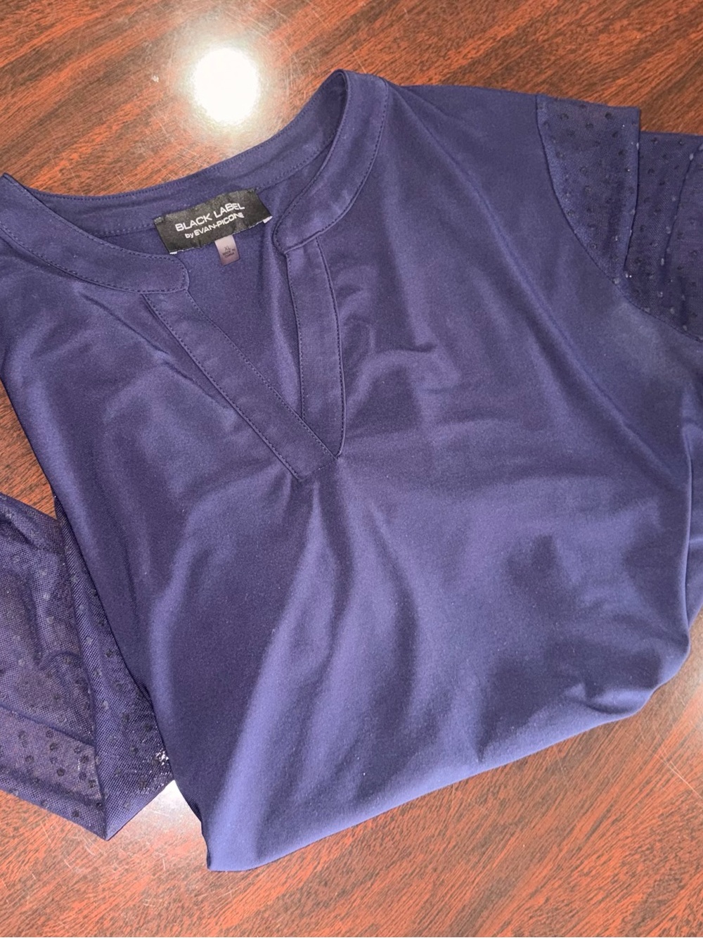 Black Label by Evan-Picone Navy long-sleeve with lace sleeves Women's Top